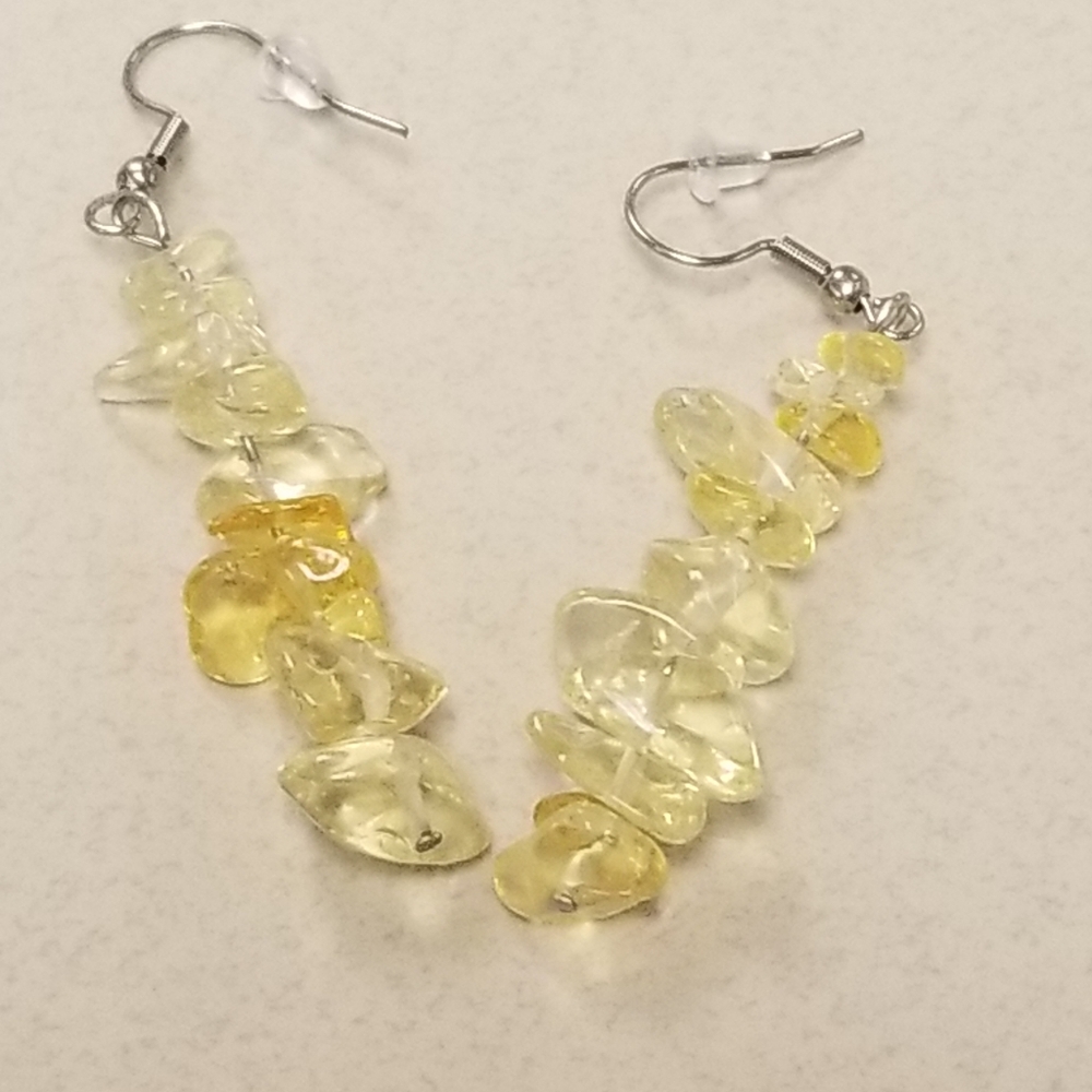 Handmade yellow and clear chip glass stone hanging earrings